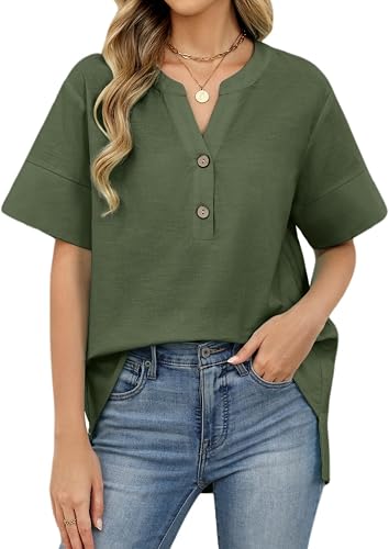 Celmia Cotton Linen Tops for Women Short Sleeve V Neck Oversized Button Down Shi