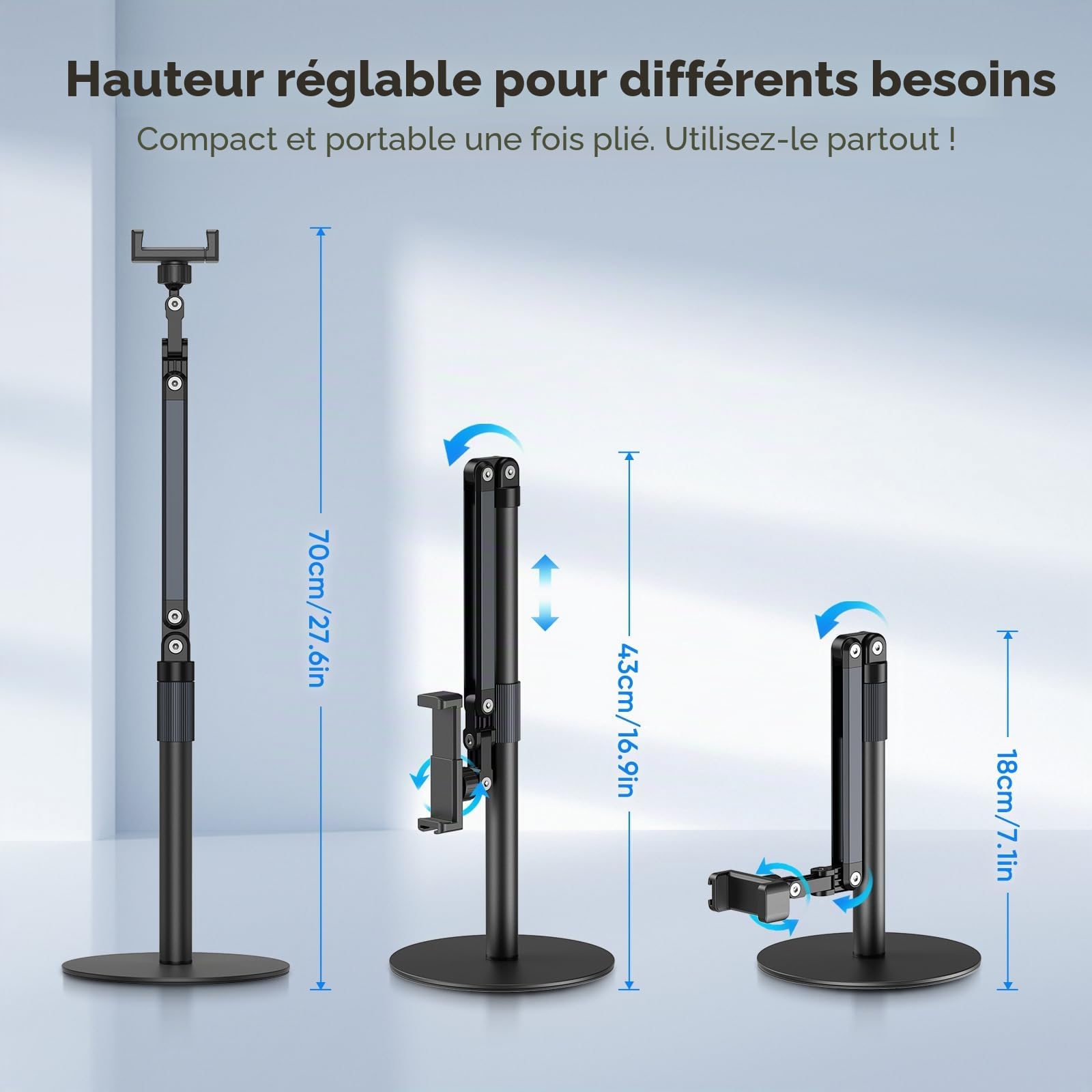 Support Vidéo pour TéLéPhone Portable, Support De TéLéphone De Bureau Réglable à 360°, Base Solide, Compatible avec iPhone/Samsung/Huawei/Xiaomi/Smartphone One Plus