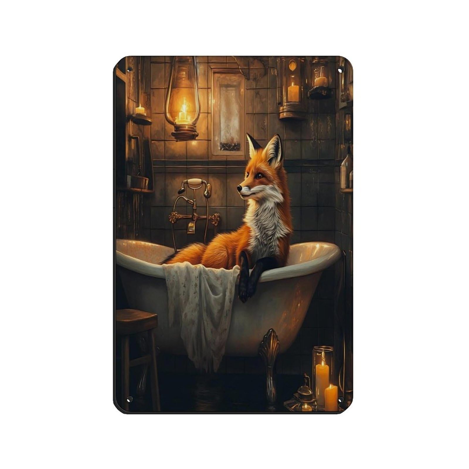 Rustic Fox in Bathtub, Cozy Bathroom Tin Sign Vintage Metal Pub Club Cafe Bar Home Wall Art Decoration Poster Retro 8x12inch(20x30cm)