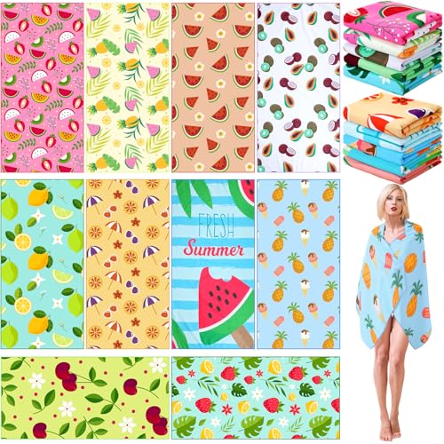 FuWeave 10 Pack Microfiber Beach Towel 28 x 55 Inch Oversized Large Quick Dry Thin Beach Towels for Pool Camping Sand Free Lightweight Blanket for Women Adults Travel Swimming Sport (Fruits Style)