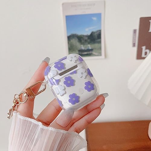 Miniatura 5 de MINSCOSE Funda transparente compatible con AirPods 12, bonito diseño de patrón de flores de dibujos animados con llavero floral, funda protectora de