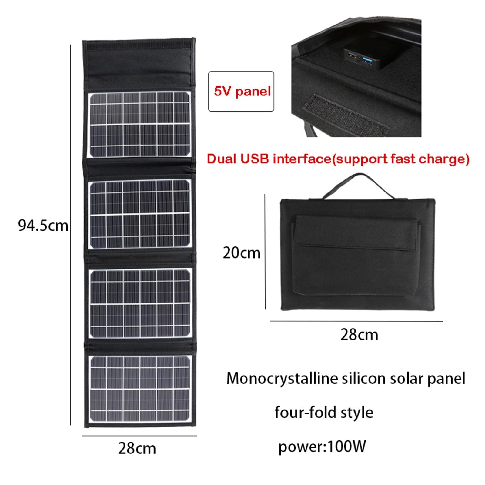 Panel Solar plegable de 100W, bolsa plegable portátil, carga rápida, cargador Solar USB de 5V, banco de energía móvil for teléfono al aire libre y Camping(A)