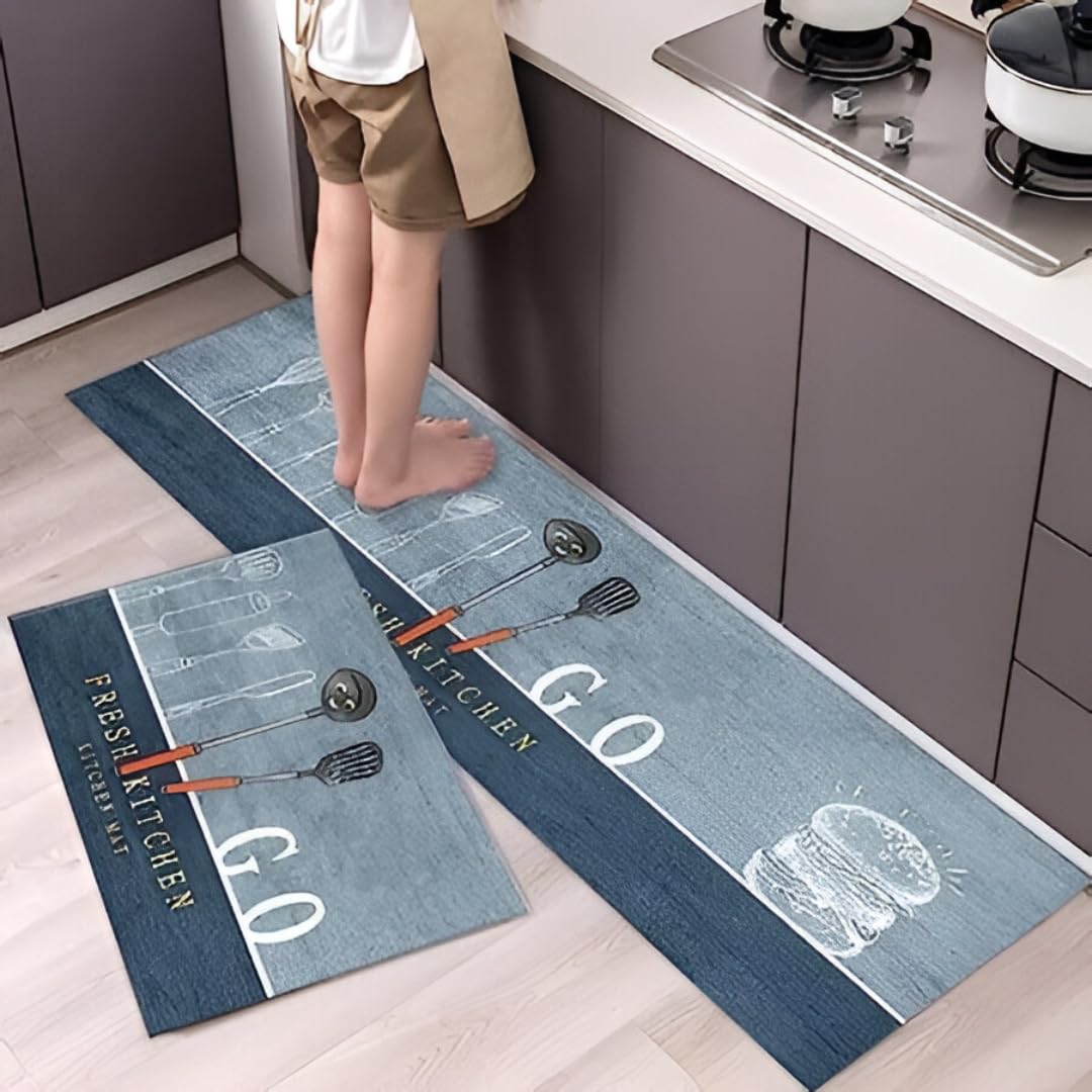 Kitchen Floor Mat Set for Sink Area, Printed Surface with Non-Slip Rubber Base, Waterproof Design, 2 Pieces (Fresh Kitchen) — Amazon image 2