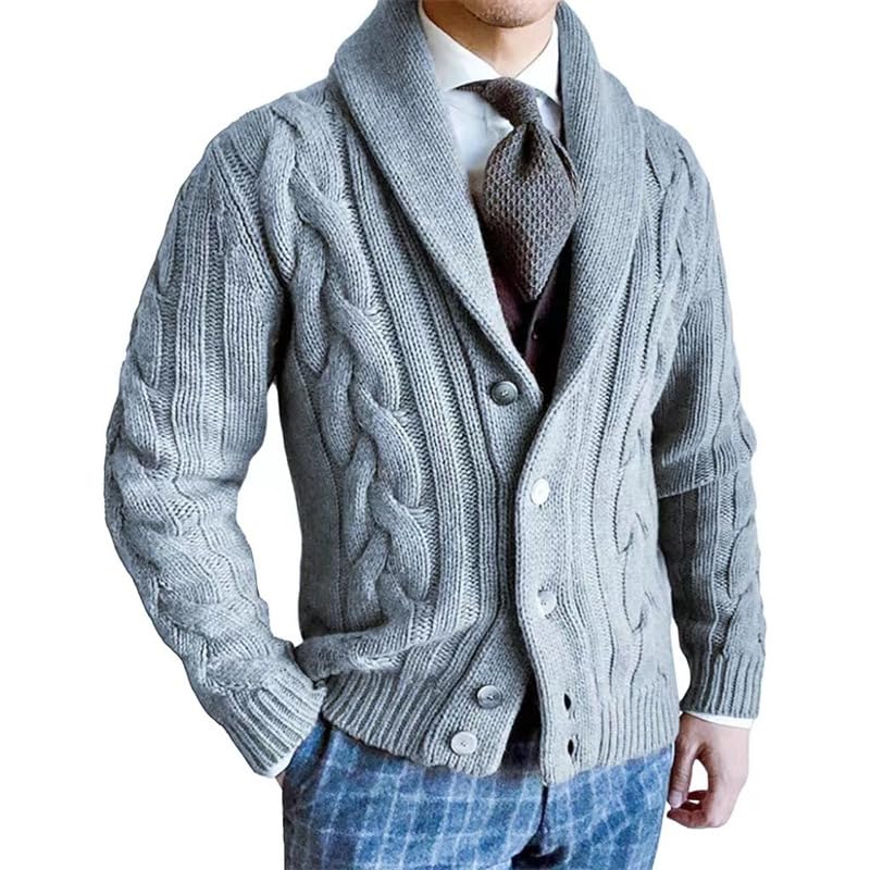 ftk Men's Cable Knit Lapel Cardigan Sweater Jacket with Buttons for Autumn and Winter | Light Blue | L-picture-36