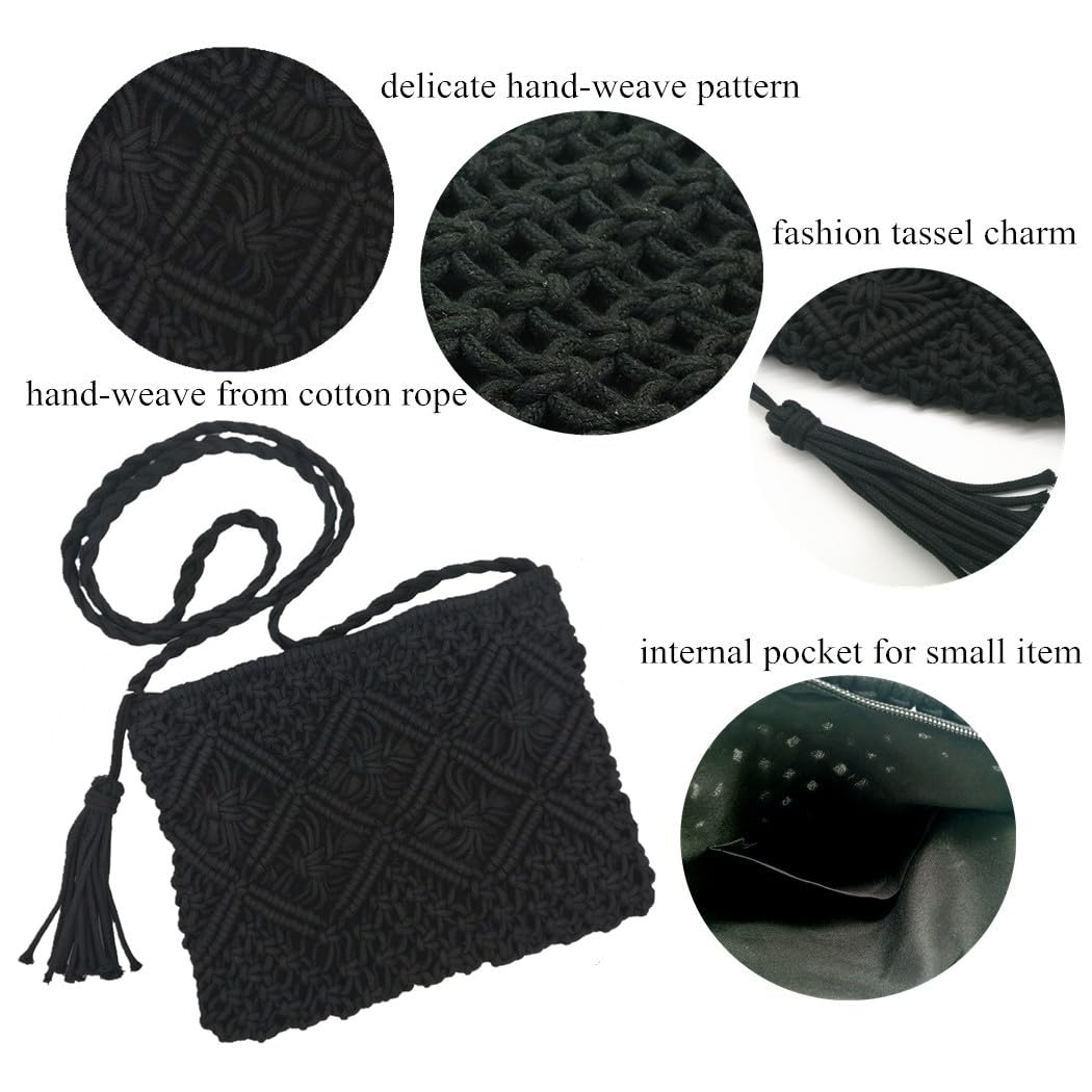 oukesin Borsa a tracolla da spiaggia estiva in nappa fatta a mano in macramè di cotone da donna, 041Nero