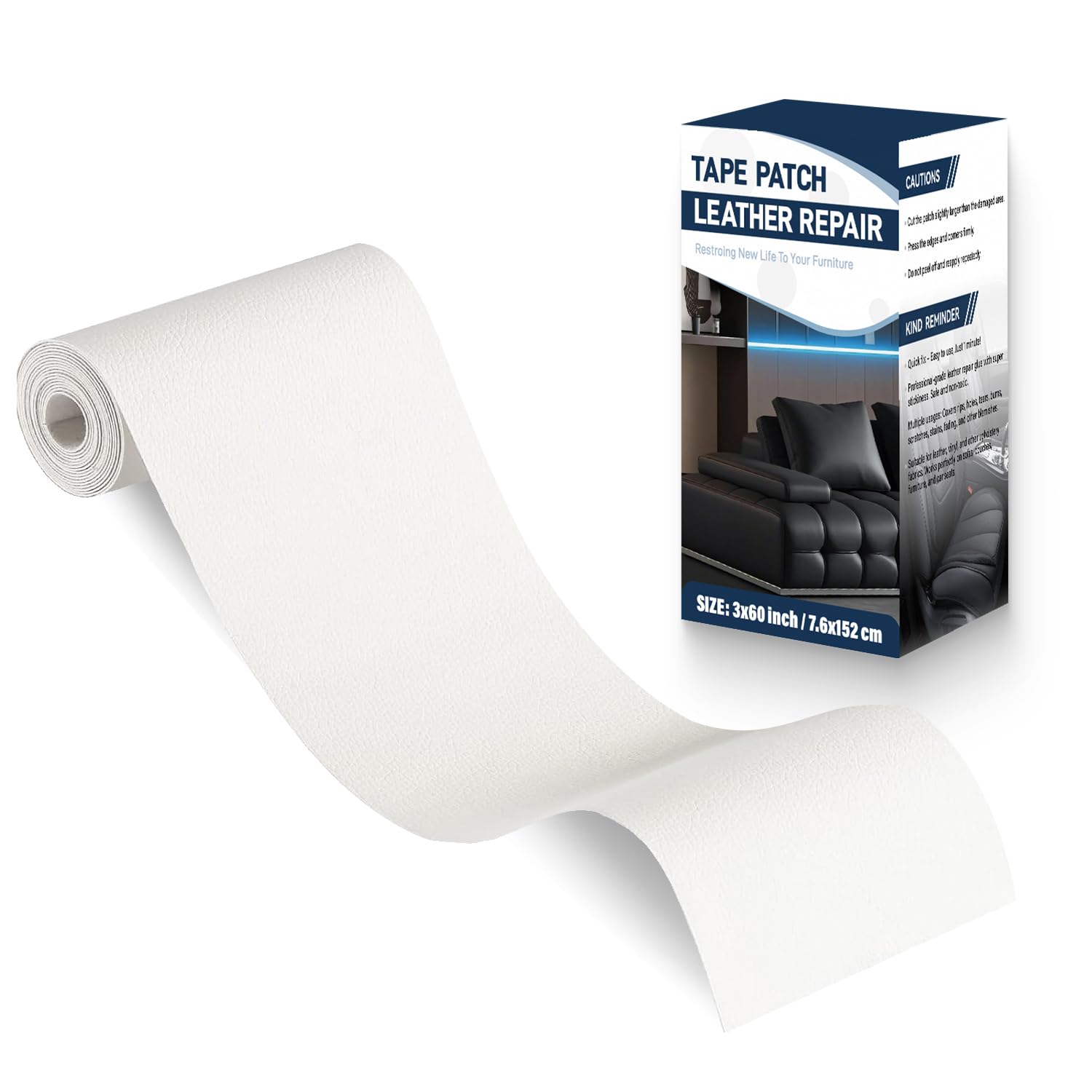 Photo 1 of Zenyao Leather Repair Patch Tape - Self Adhesive Leather Repair Kit for Car Seat Furniture, Heavy Duty Vinyl Repair Patch for Couch Sofa, Waterproof for Rips Scratches Tears, 3x60 Inch Roll, White