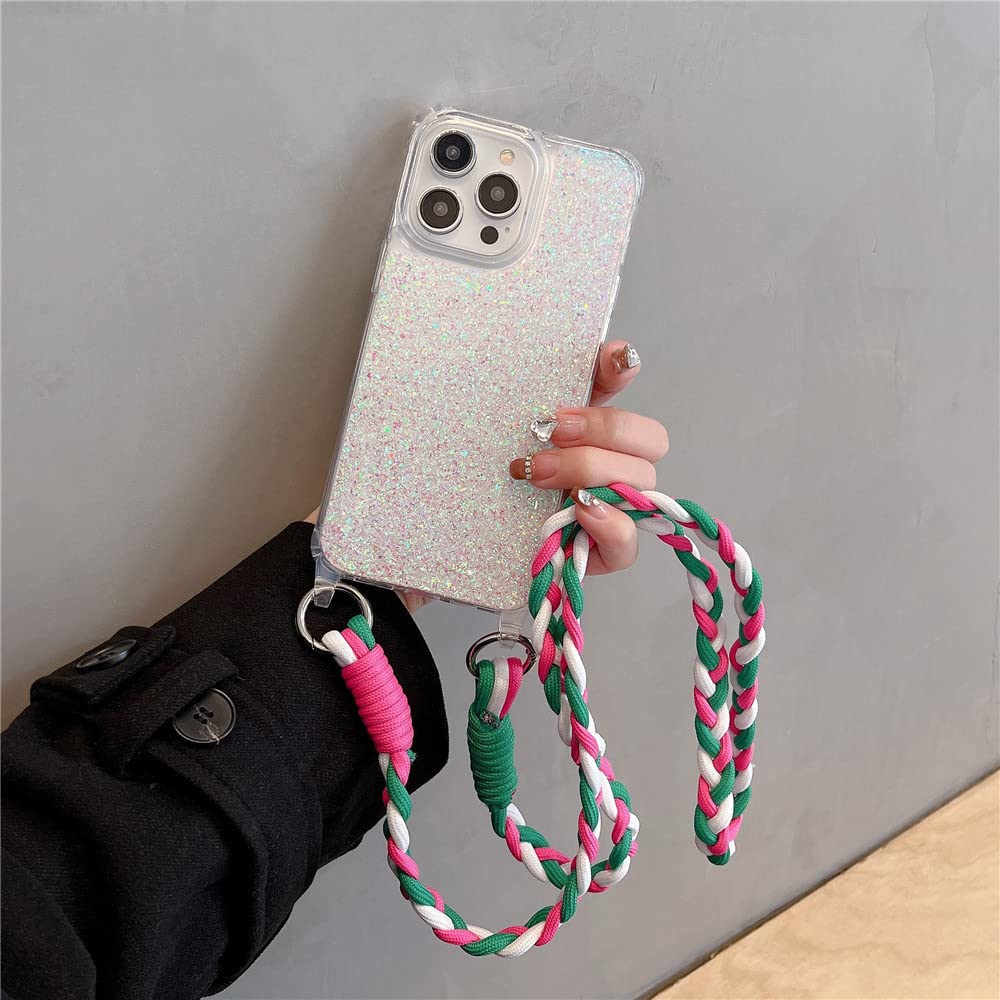 Coque paillettes iPhone 13 antichoc avec cordon transparent