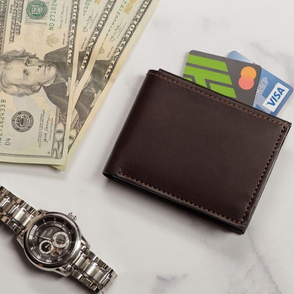 Premium Full Grain Bridle Leather Men’s Bifold Wallet With Flip Up ID Window – Brown - Made in USA - Image 3