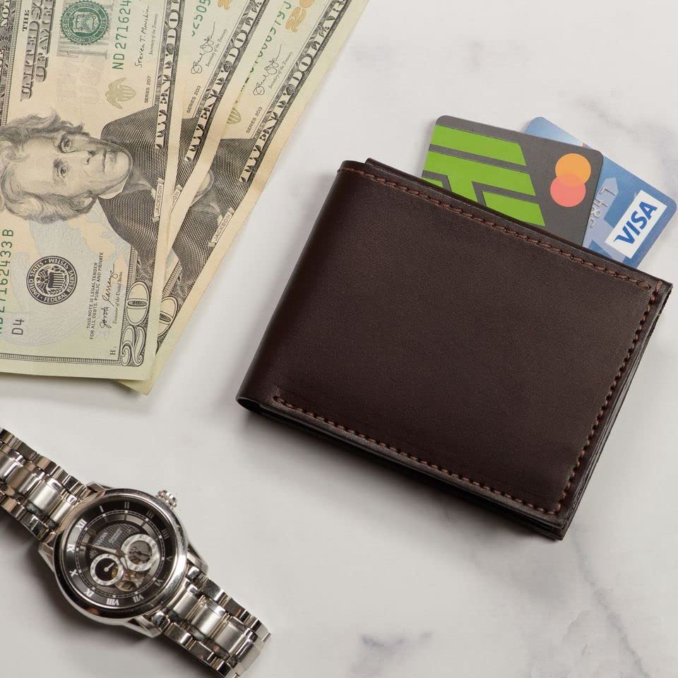 Premium Full Grain Bridle Leather Men’s Bifold Wallet With Flip Up ID Window – Brown - Made in USA3