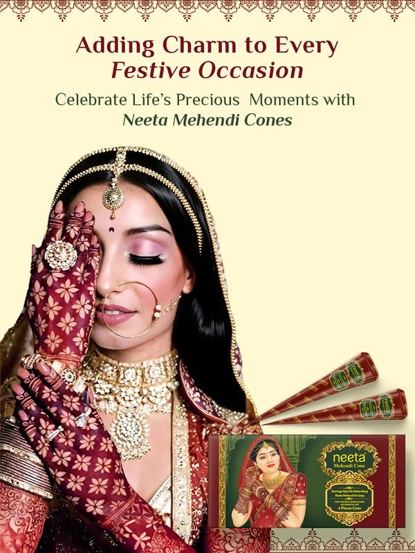 Image of Neeta Mehendi Cone for Hand Design - 4 Henna Cones for Bridal, Wedding Mehndi | Natural Henna Paste, Ready-to-Use, Long-Lasting Color, Chemical Free, Safe for Skin