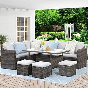 Wisteria Lane Outdoor Patio Furniture Set, 7 Piece Wicker Rattan Outdoor Dining Set with Dining Table and Ottomans, Patio Table and Chairs Set, Outdoor Sectional, Grey