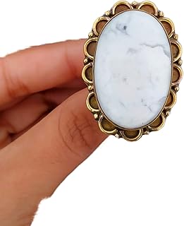 White Howlite Ring, Big Stone Ring, 14K Gold Plated, Cabochon Stone Ring, White Marble Ring, Wedding Ring, Attractive Ring, White Buffalo Ring, Women Gift Ring, Handmade Statement Ring, White Turquoise Ring, Oval Stone Ring