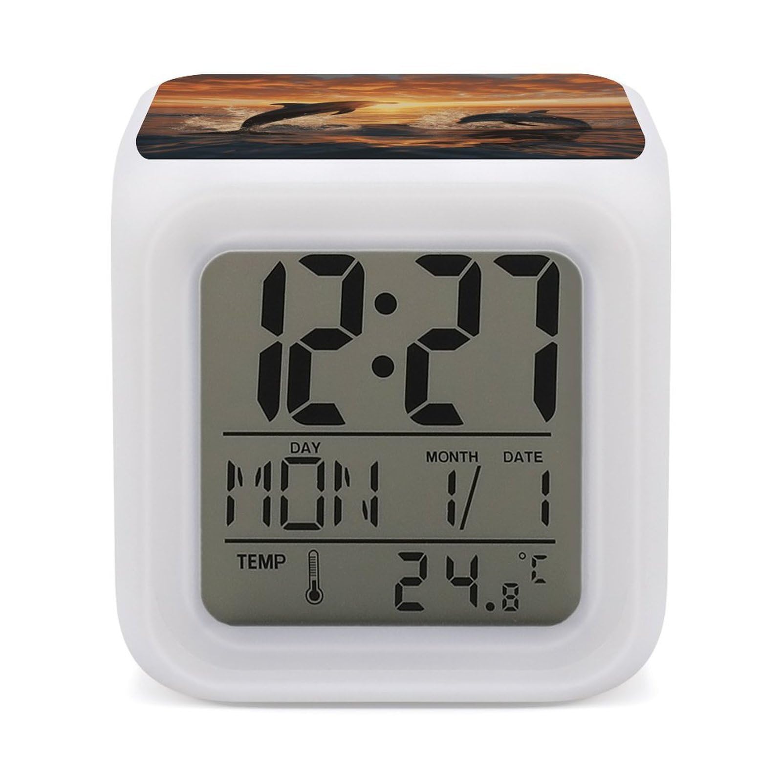 JTREHY Dolphins Jumping Out of The Water at Sunset Alarm Clock Seven Color Night Light Digital Clock Precision Reliable Alarms Clocks for Bedroom Heavy Sleepers Adults Gift for Men and Women