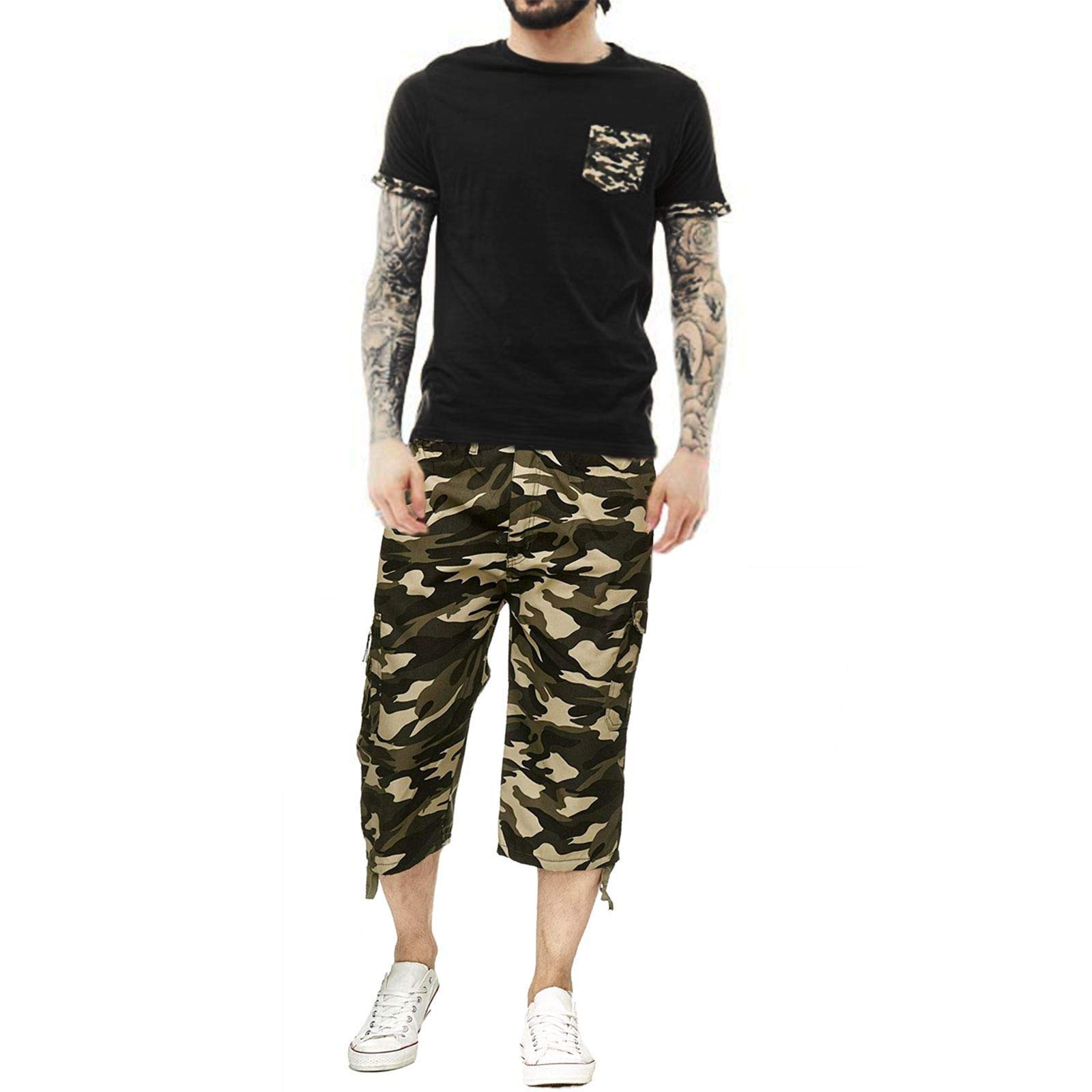 Ga Communications Men's Camo Beige Camouflage Shorts Elasticated Waist 3/4 Cargo Combat Pocket Summer Trousers[,Xxl]