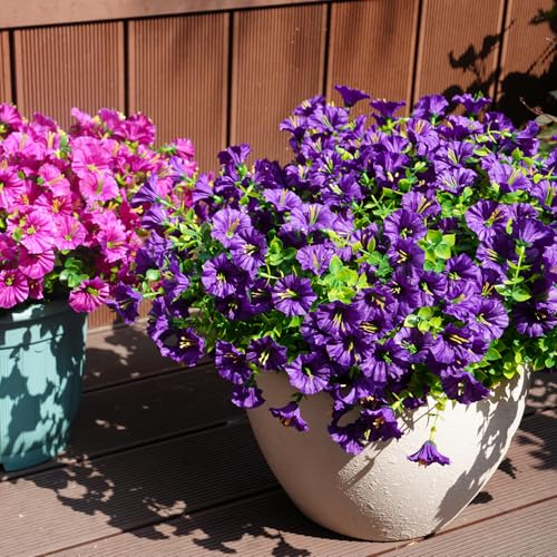 Image of Artificial Flowers for Outdoors, UV Resistant Fake Silk Morning Glory, Realistic Faux Plants for Outside Porch Patio Window Box Hanging Planter (12, Purple)
