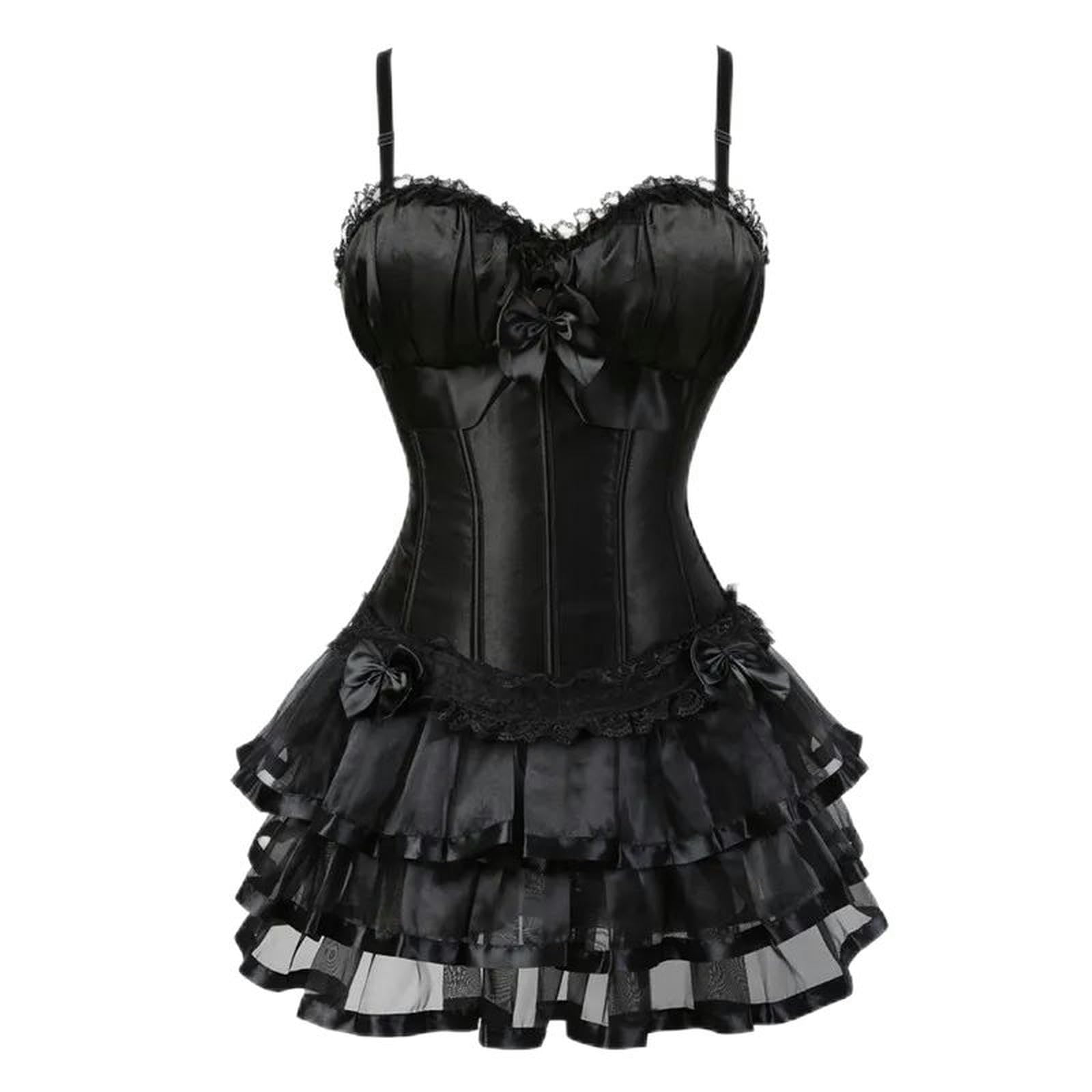 WEITING Abiti con Corsetto Overbust in Raso di Pizzo Abiti da Ballerina Showgirl Barlesque Corsetti e Bustini Lingerie Top per Donne Gonna Tutu Set-Style-B Nero-XS
