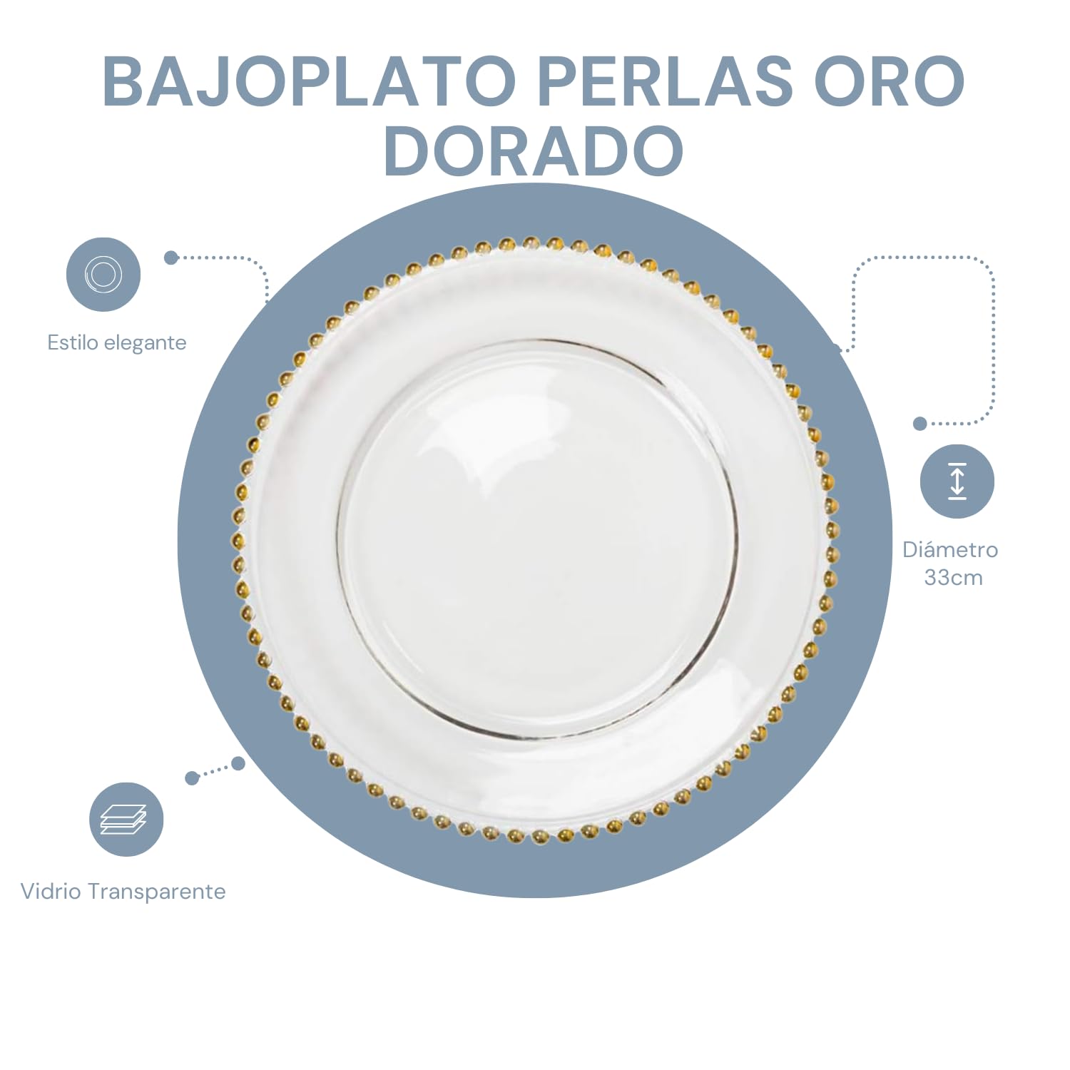 EME Pack Bajoplatos Presentación Perlas Oro Dorado en Vidrio Transparente con un Bonito Detalle de Perlas en Oro Dorado por todo el borde. 33 cm diámetro. Incluye 6 Unidades.