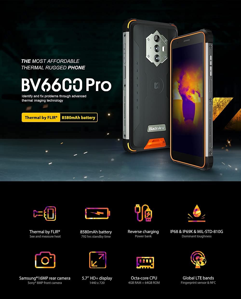 Amazon | BV6600 Pro Thermal Rugged Phone、4GB + 64GB IP68 / IP69K 