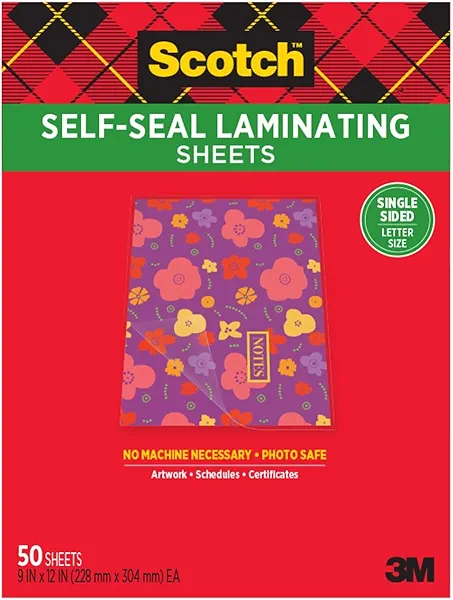 Scotch Self-Seal Laminating Sheets, Letter Size 9 in x 12 in, Single Sided, Pack of 50