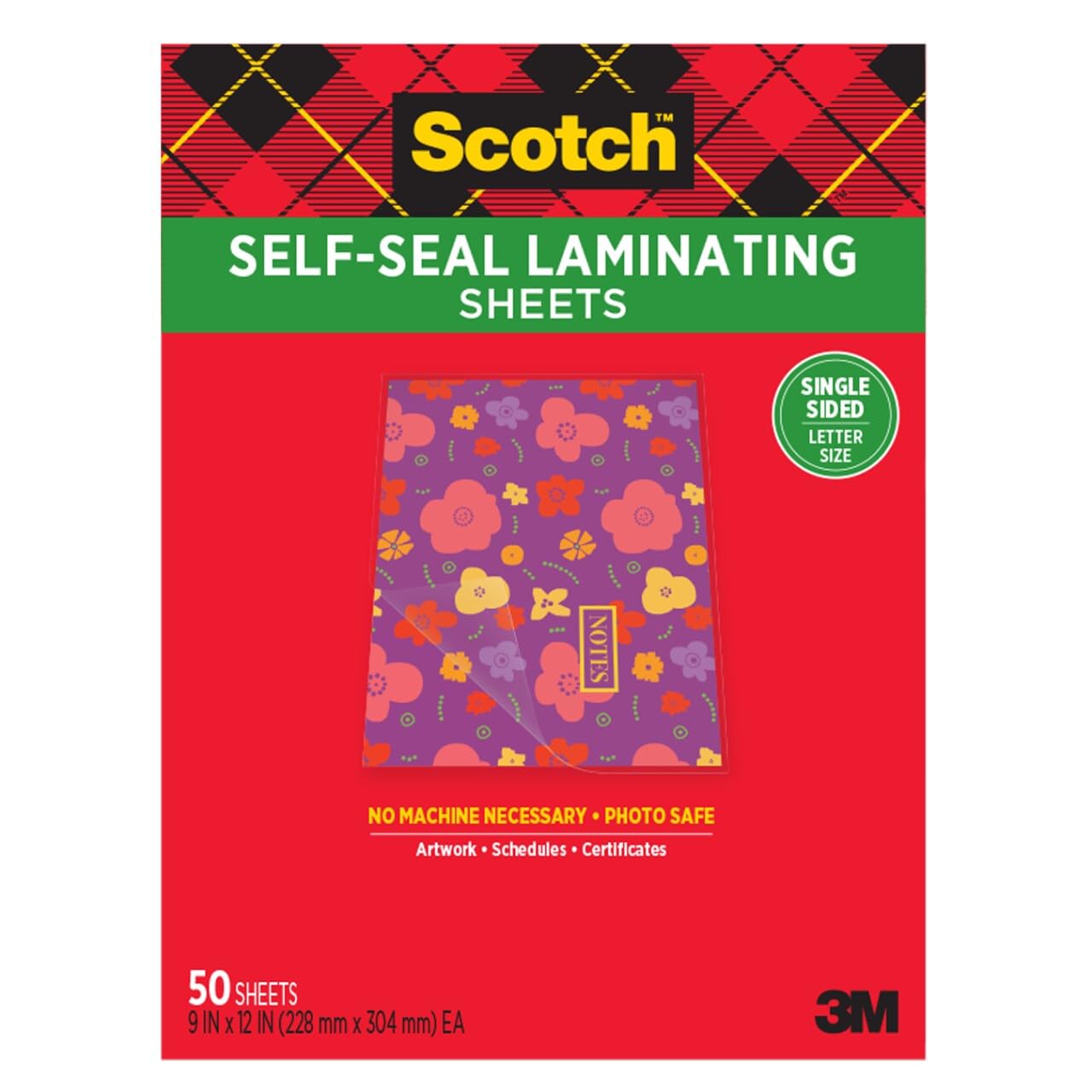 Scotch Self-Seal Laminating Sheets, Letter Size 9 in x 12 in, Single Sided, Pack of 50