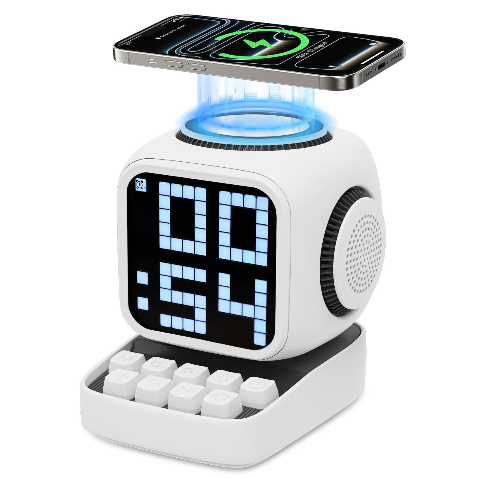 Haut-Parleur Bluetooth Portable avec Une Station de Recharge inductive, Horloge de Table numérique Intelligente, réveil avec Bruit Blanc, pour Bureau, Bureau, Convient comme Cadeau (Blanc)