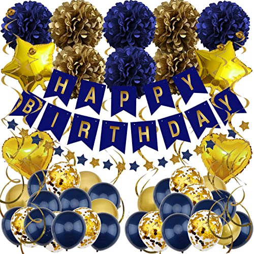 Zerodeco Décorations Anniversaire, Anniversaire Bannière Décoration Fête Happy Birthday Banderole, Pom Poms, Banderole en Triangle, Guirlandes, Suspendus Tourbillons et Ballons - Marine Bleu