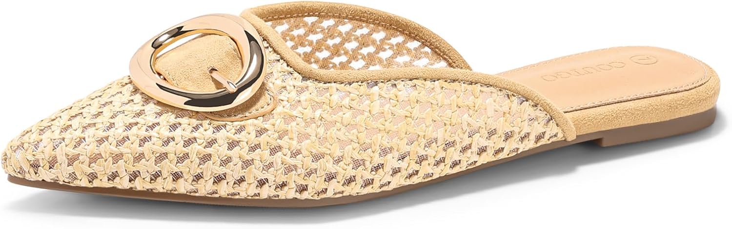 Coutgo Womens Mules Flats Metal Closed Pointed Toe Slip On Slides Summer Dress Shoes