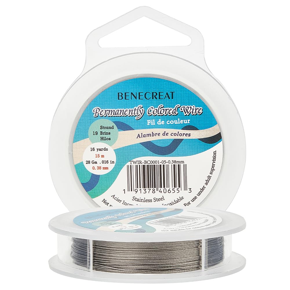 BENECREAT 19 Strands Bead String Wire (0.015 inch/0.38mm, 49FT) Nylon Coated Stainless Steel Beading Wire for Necklace Bracelet Making, LightGray