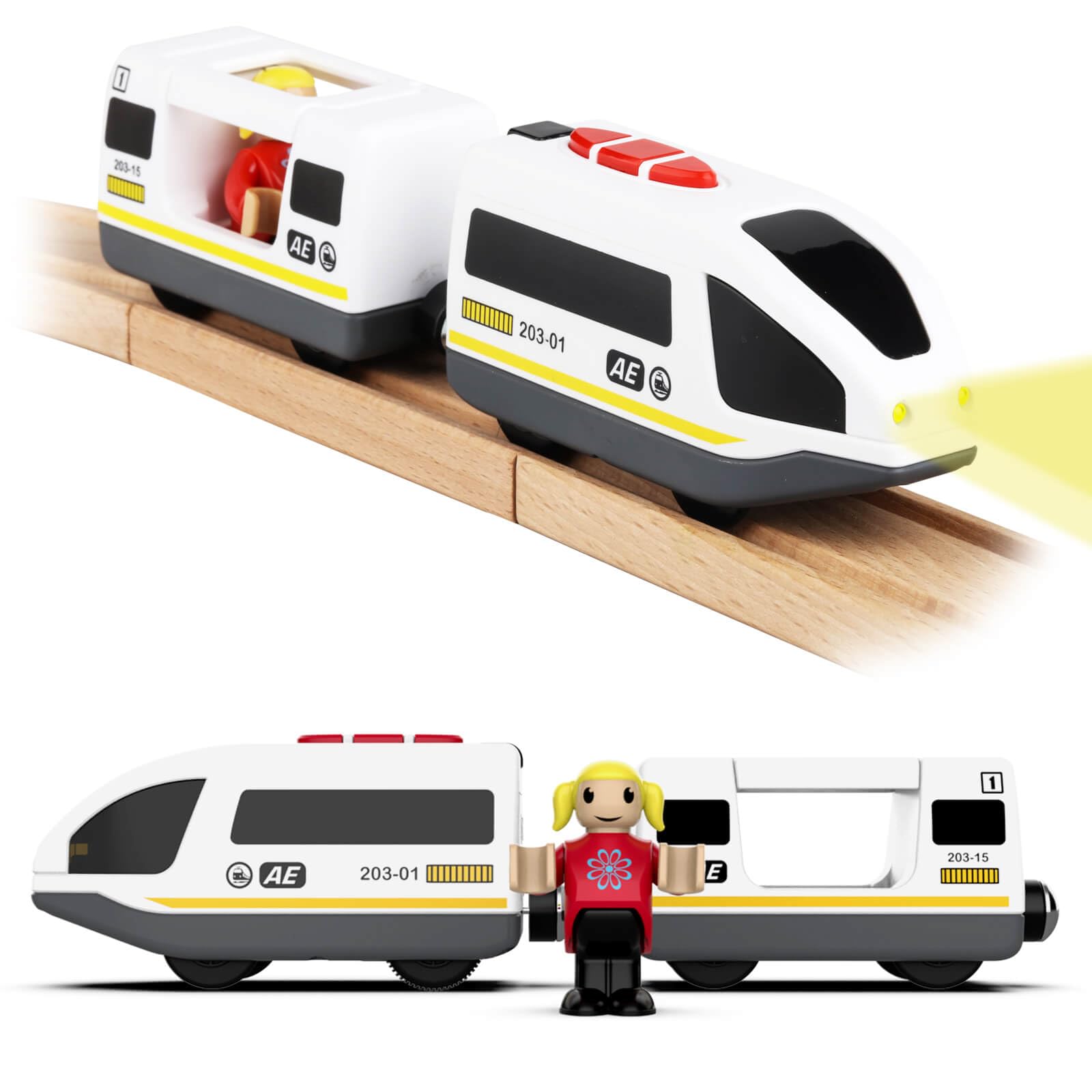 DxxD Battery Operated Wooden Train Track Set for Toddlers 3 4 5+ Years Old, Motorized Train Toy with Sound and Light, Locomotive Electric Train Accessories Set Compatible with Thomas, Brio (white)