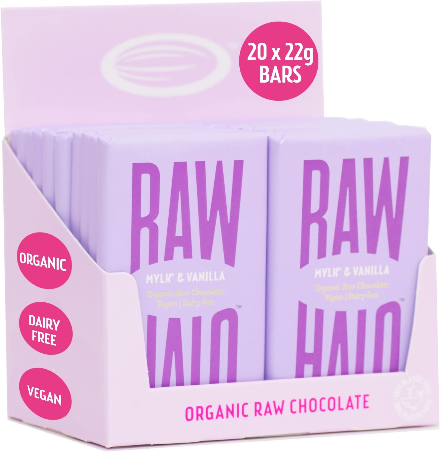 Vegan Chocolate Bar - Raw Halo - Mylk & Vanilla - 20 x 22g Snack Size Bars - Organic, Dairy & Gluten Free