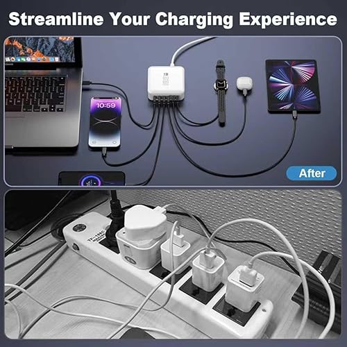 Miniatura 5 de Bloque de cargador rápido USB C, estación de carga de 120 W, adaptador de concentrador GaN de 6 puertos, cargador múltiple de pared USB C con