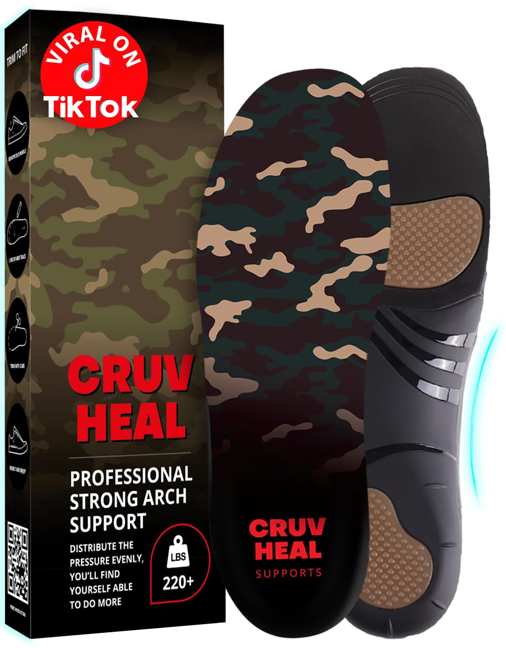 CRUVHEAL 220+ lbs Plantar Fasciitis High Arch Support Insoles Men Women - Orthotic Shoe Inserts - Boot Work Shoe Insole (L, Dark Military)