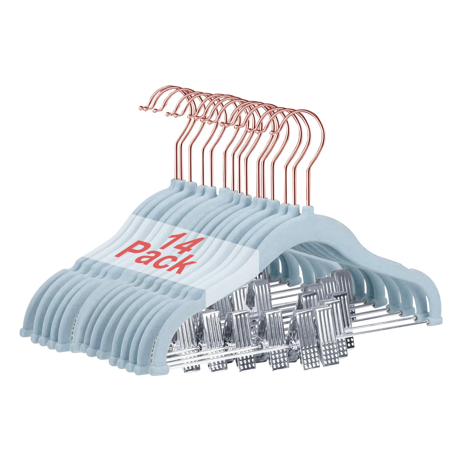Wellong Baby-Kleiderbügel mit Clips, 14 Stück KinderKleiderbügel aus Samt, Strapazierfähige Kleiderbügel, rutschfeste Baby-bügel für Hemden, Hosen, Röcke, Kleider, Jacken, Blau (Rosengold-Haken)