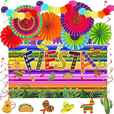 Recosis Fiesta Party Decorations, Fiesta Theme Photography Backdrop with Colorful Fans Fiesta Swirls Balloon Shape Garland for Mexican Fiesta Taco Theme Birthday Cinco De Mayo Decorations Supplies Cover