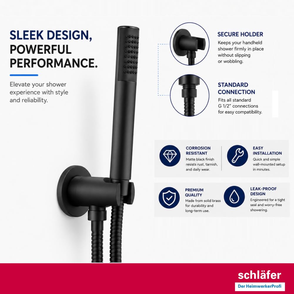 Schläfer 814321 | Presa Acqua Doccia Tonda con supporto per Doccetta Nero Opaco, Uscita Acqua Parete G 1/2" - Ø 20,86 mm, Raccordo Gomito per Flessibile Doccetta in Ottone Design Moderno