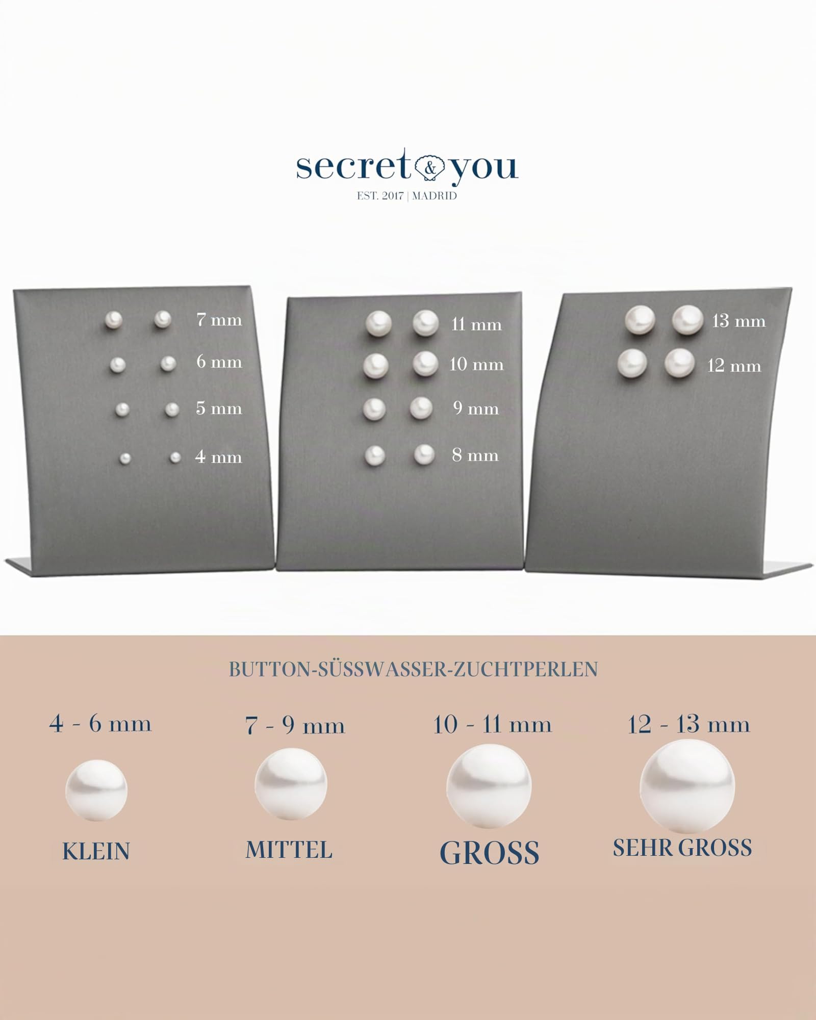 Perlenohrringe Damen und Frauen Ohrstecker, Süßwasser Zuchtperlen Knopfperle - SECRET & YOU - Perlen Ohrstecker Sterling Silber 925 - Erhältlich in 10 Größen von 4 mm bis 13 mm
