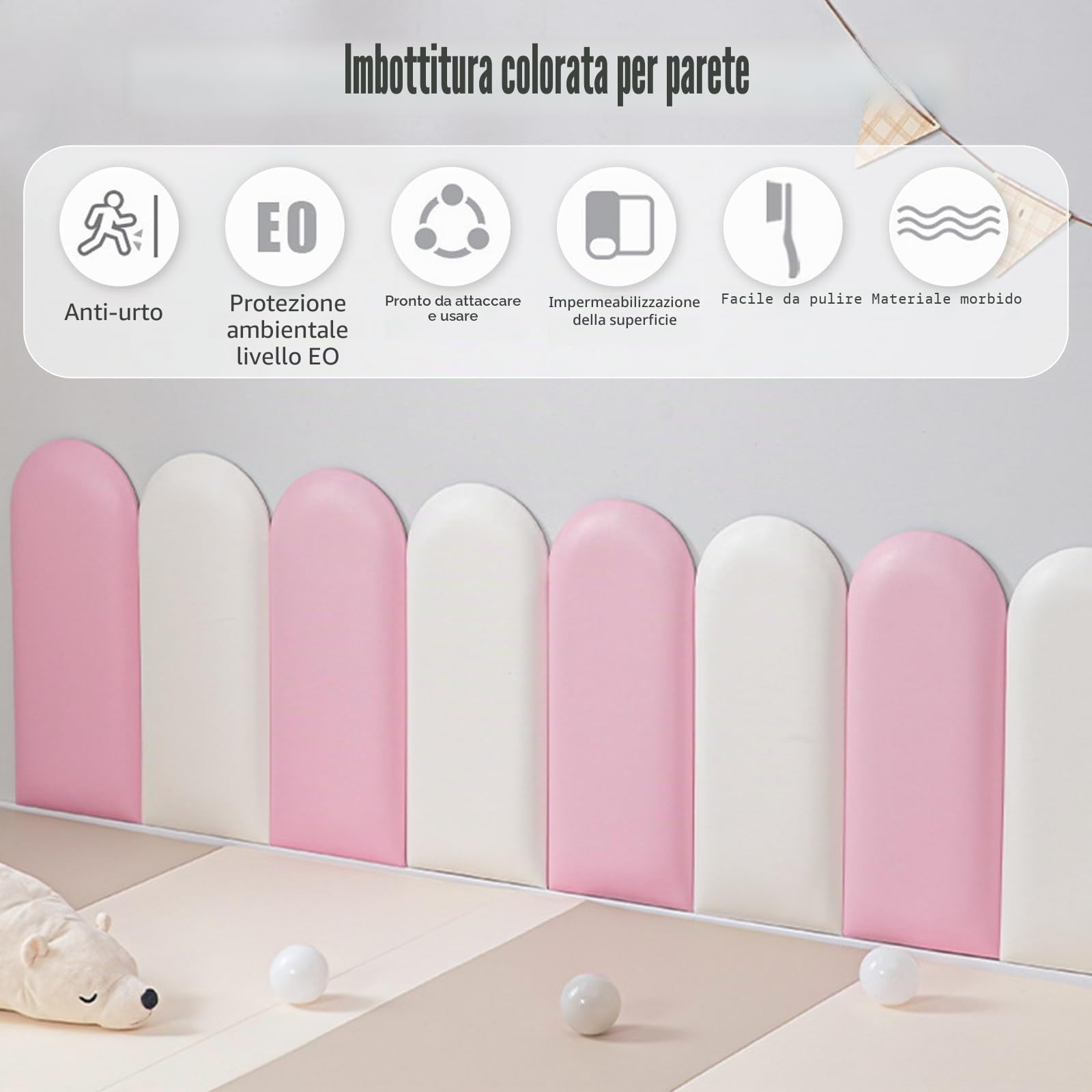 Imbottitura 3D anti-collisione per testiera, adesivi in poliuretano 20x40 cm, camera da letto, cameretta (rosa, 4'