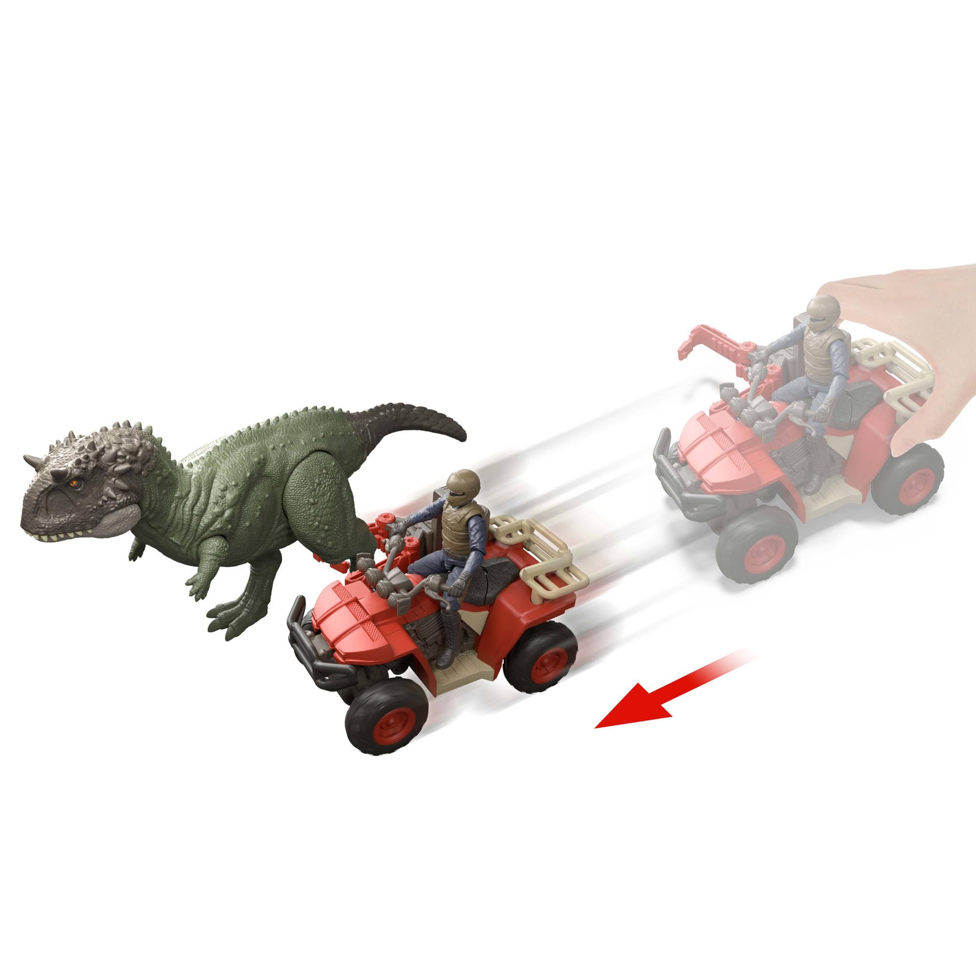 Jurassic World Set mit Fahrzeug, Menschen- und Dinosaurier-Actionfigur, Quad-Set mit Fangklaue sowie Fang-Elementen zum Geschichtenerzählen, JKG91