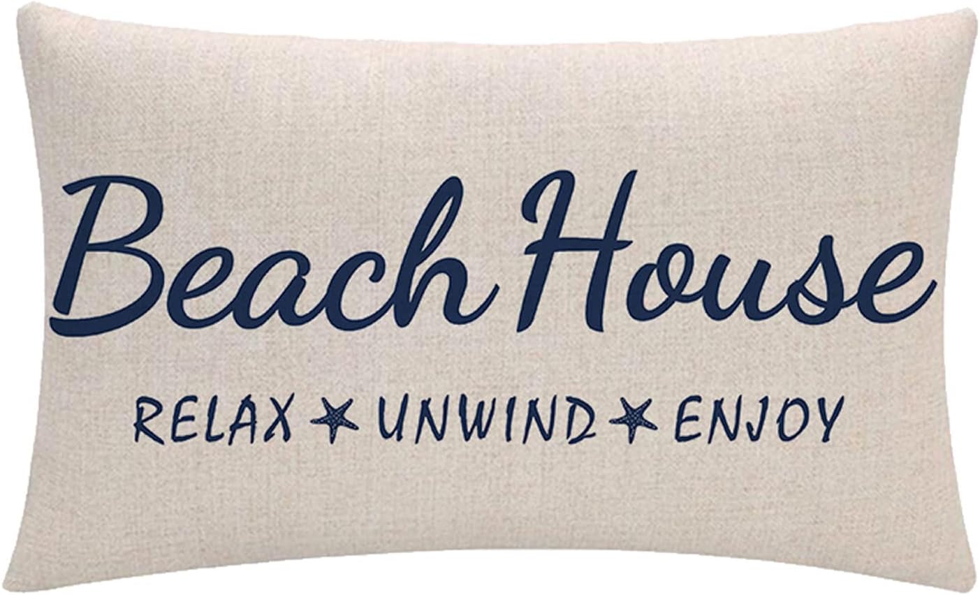 2Pack Beach House Decor Pillow Covers Relax/Enjoy/Unwind/Starfish Rectangular/Waist Cushion Covers Navy Blue Home Sweet Home Summer Holiday Decorative Lumber Pillowcases 12" X 20"(Navy Blue) - Image 2