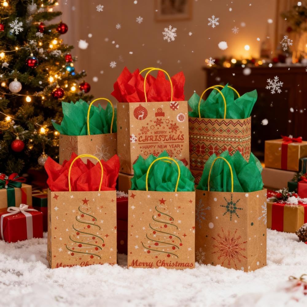 24 Christmas Kraft Gift Bags with 24 Tissue Papers, 7 x 8.6 x 3 Holiday Goody Bags with Handles, Xmas Treat Bags for Party Favors, Classroom Exchange, Present Wrapping - Image 8