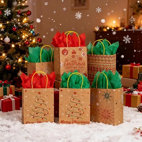 Miniatura 8 de 24 Christmas Kraft Gift Bags with 24 Tissue Papers, 7 x 8.6 x 3 Holiday Goody Bags with Handles, Xmas Treat Bags for Party Favors, Classroom