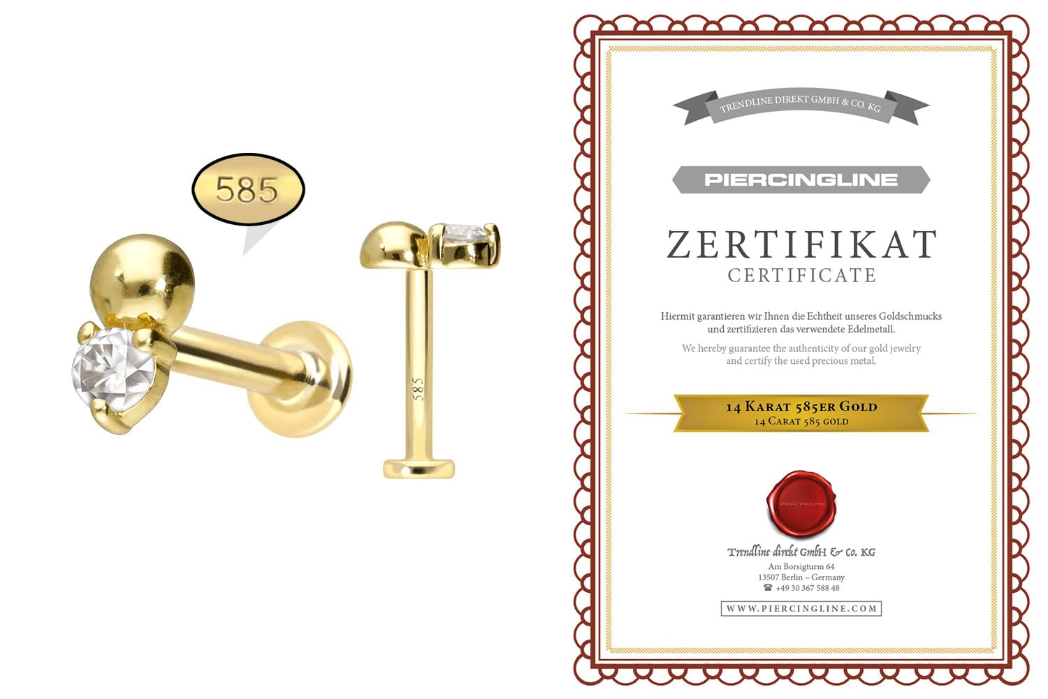 PIERCINGLINE 14 Karat Gold Labret Ohr-Piercing mit Push Fit MOISSANIT+ KUGEL Farb & Größenauswahl
