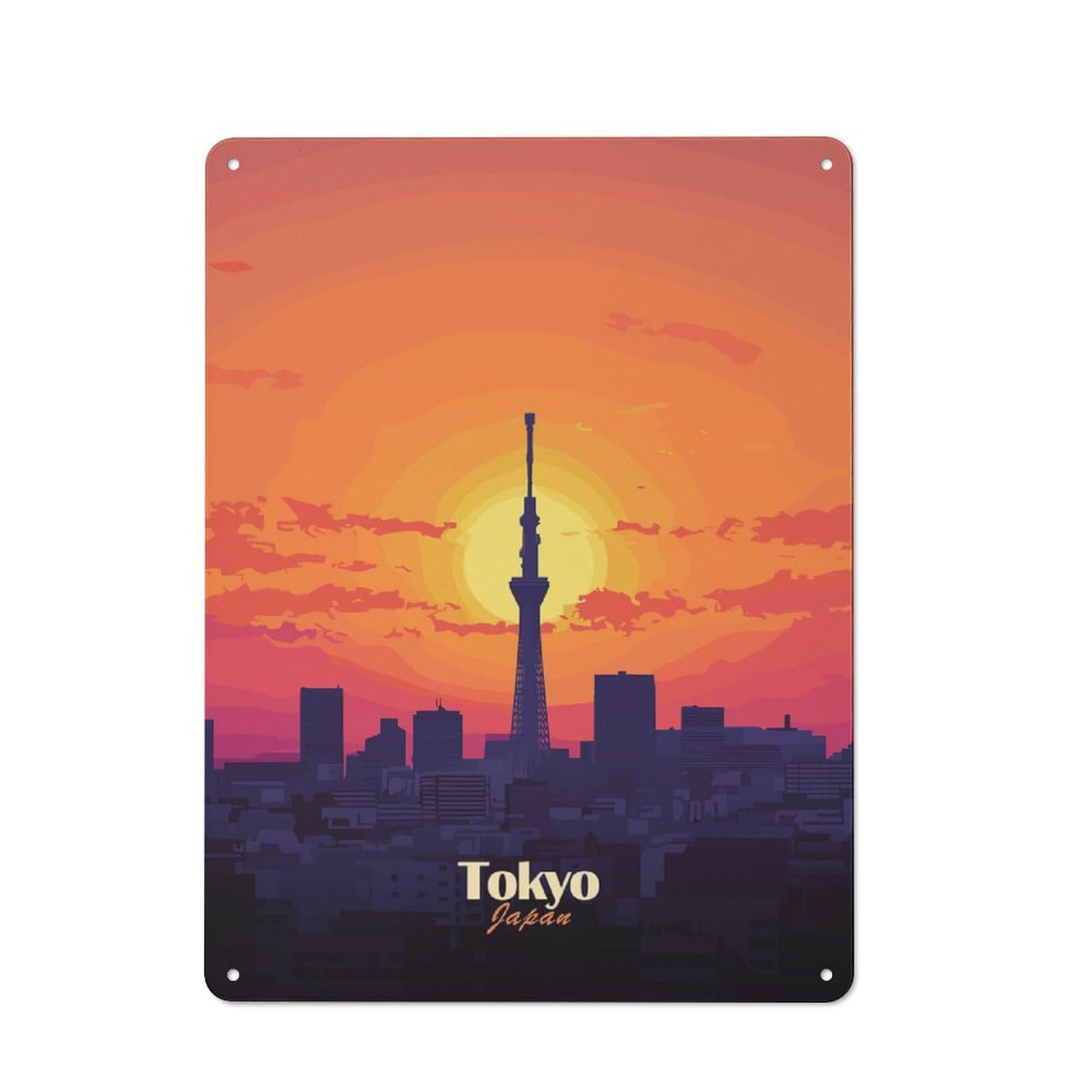 Tokyo Skyline Sunset Barn Style Metal Wall Decor 40x30cm, Country Metal Sign for Kitchen, Cottage, Porch Or Garden Room