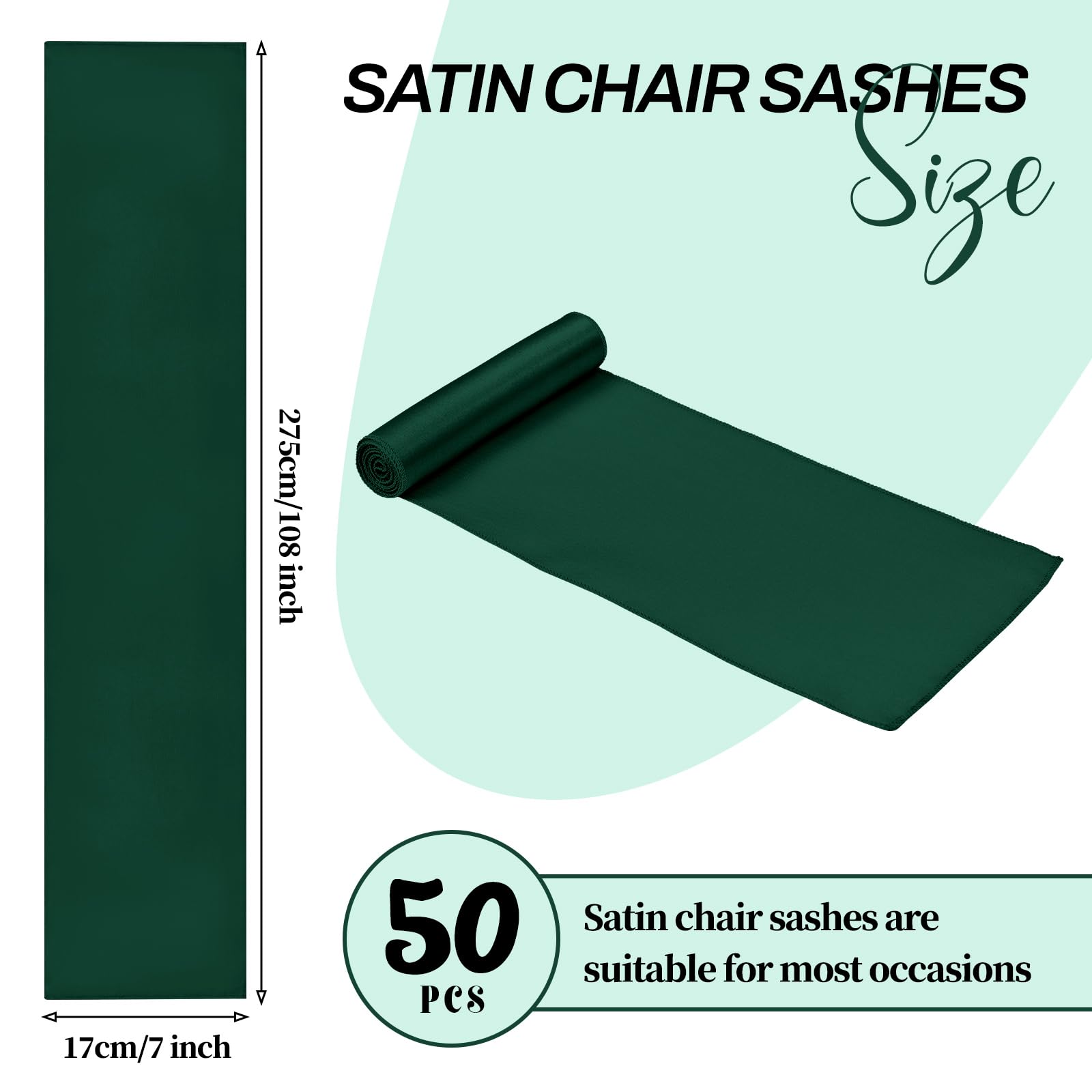 Pesonlook 50 Pcs Chair Sashes Satin Chair Cover Bands 7X108 Inch Chair Sashes Bow Back Tie Ribbon For Wedding Party Hotel Decorations (17X275 CM,Forest Green) - Image 2