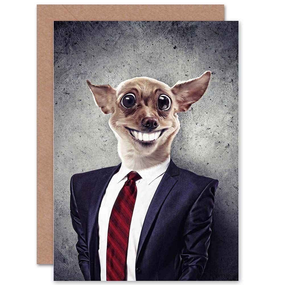Wee Blue Coo DOG WEARING SUIT CHIHUAHUA SMILE FUNNY BLANK GREETINGS BIRTHDAY CARD