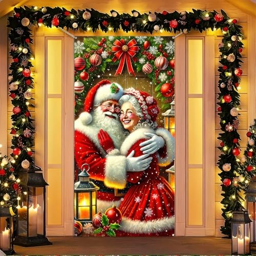 Image of BlissYard Christmas Door Cover Santa Mrs Claus 35x71 Inch Polyester