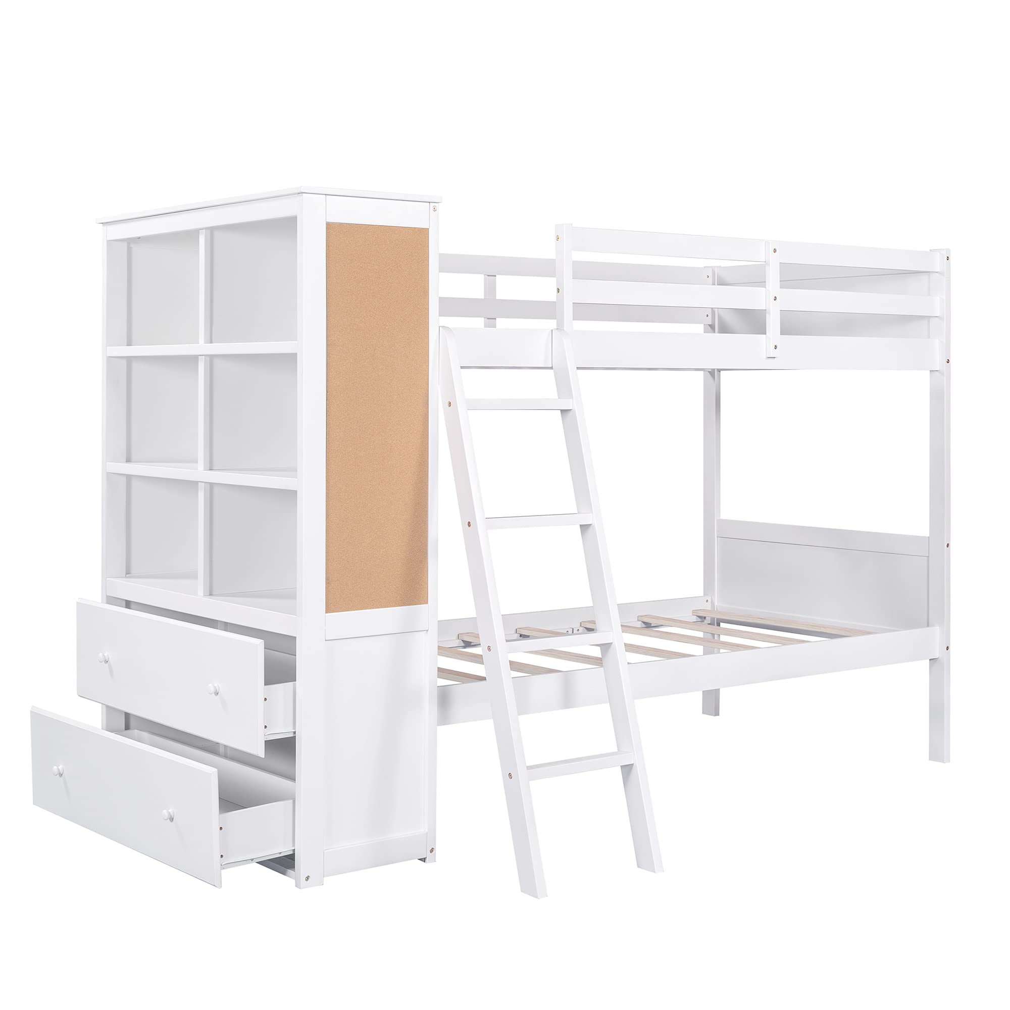 Merax Twin Over Twin Wood Bunk Bed with Bookcase, Storage Drawers, Cork