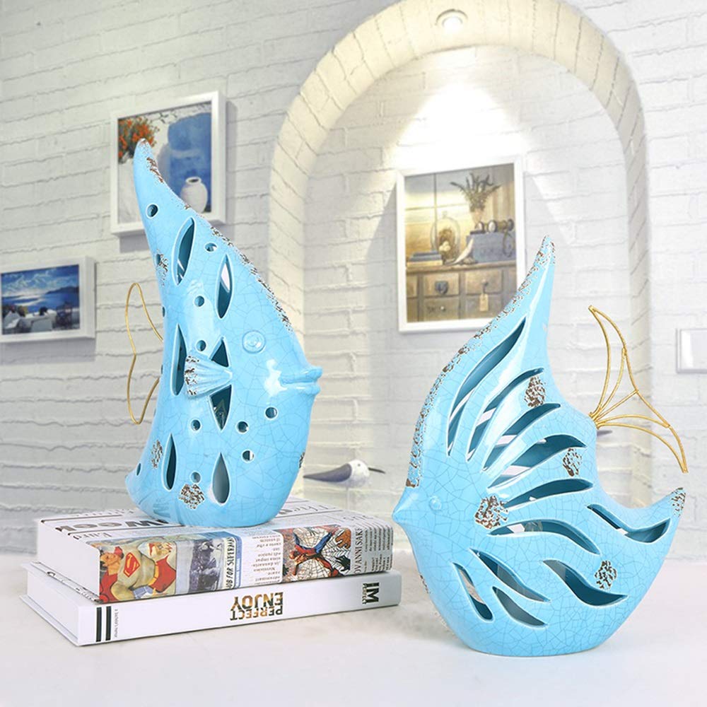 Escultura Decoración moderna Arte Estatua Figura Colección Adorno Cerámica Artesanía Figuras de arte Escultura de pez beso con fuente de luz Decoraciones for el hogar y la oficina Decoraciones de escr