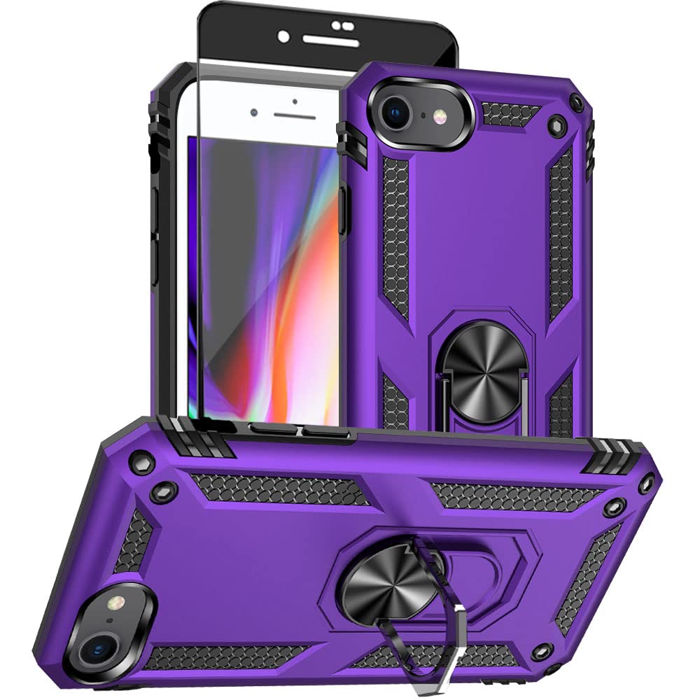 Aozuoton for iPhone SE Case 2022/2020/3rd/2rd: iPhone 8/7 case with HD Screen Protector, [Military Grade 16ft. Drop Tested] Ring Shockproof Protective