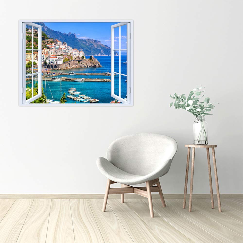 LuxHomeDecor Quadro finestra costiera amalfitana 100x75 cm Stampa su Tela con Telaio in Legno Arredamento Arte Arredo Moderno